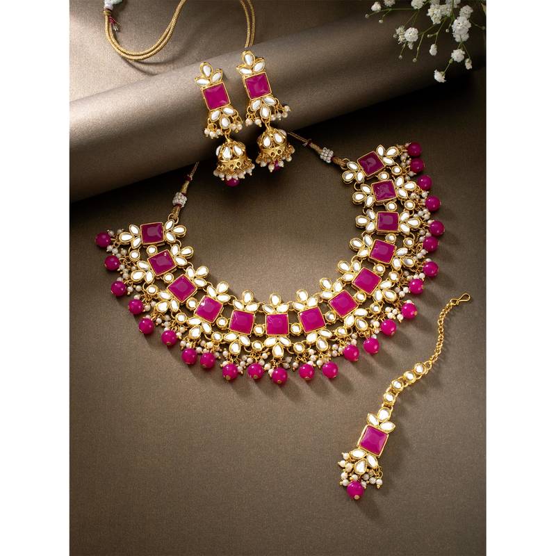 Women's rani pink kundan bharatanatyam jewelry pearl choker necklace set