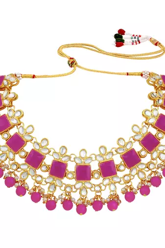 Women's rani pink kundan bharatanatyam jewelry pearl choker necklace set