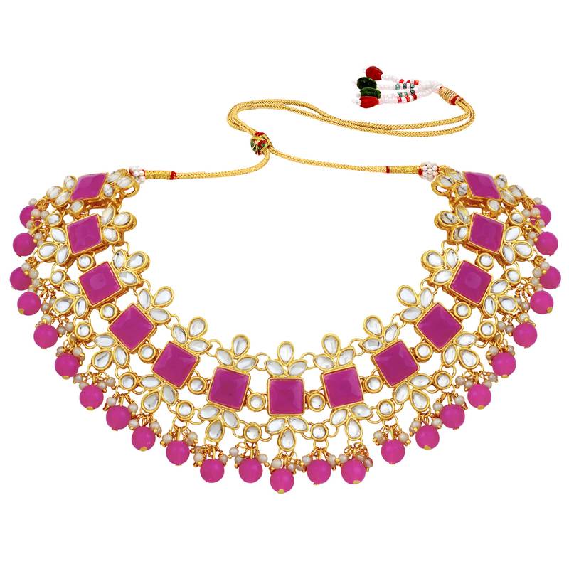 Women's rani pink kundan bharatanatyam jewelry pearl choker necklace set