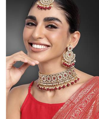 Women's faux pearl choker necklace with earrings bharatanatyam jewelry set 1