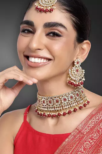 Women's faux pearl choker necklace with earrings bharatanatyam jewelry set