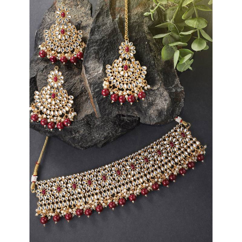 Women's faux pearl choker necklace with earrings bharatanatyam jewelry set