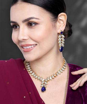 Women's blue crystal studded long necklace earrings bharatanatyam jewelry set 1