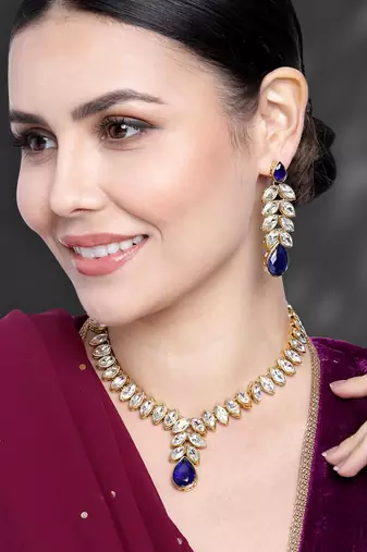 Women's blue crystal studded long necklace earrings bharatanatyam jewelry set