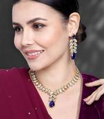 Women's blue crystal studded long necklace earrings bharatanatyam jewelry set