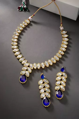 Women's blue crystal studded long necklace earrings bharatanatyam jewelry set