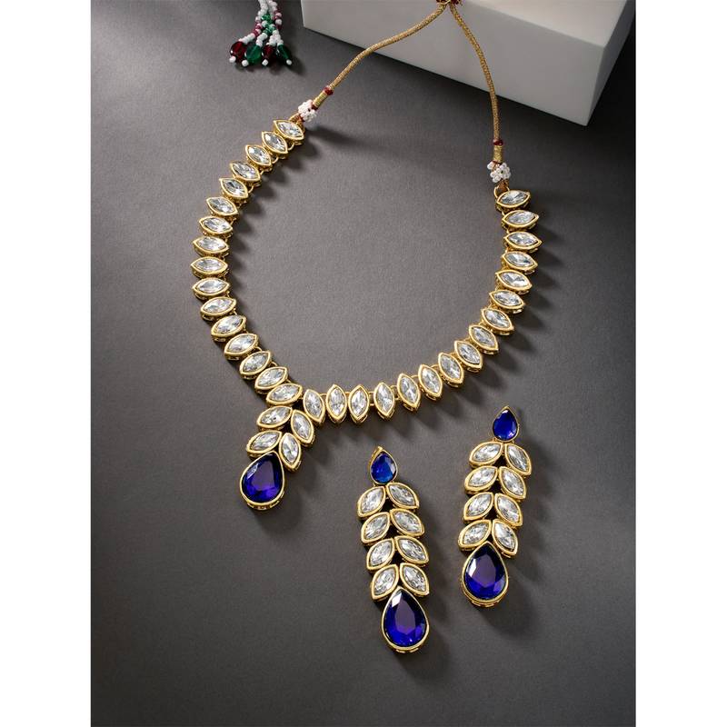 Women's blue crystal studded long necklace earrings bharatanatyam jewelry set