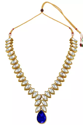 Women's blue crystal studded long necklace earrings bharatanatyam jewelry set