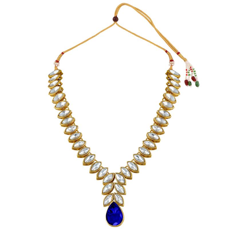 Women's blue crystal studded long necklace earrings bharatanatyam jewelry set