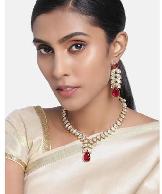 Gold plated maroon crystal studded long necklace earrings jewelry set 1