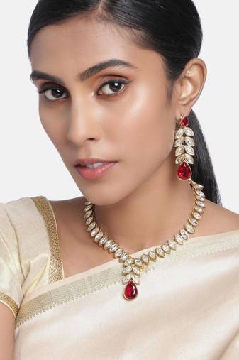Gold plated maroon crystal studded long necklace earrings jewelry set