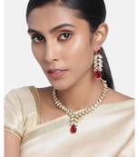Gold plated maroon crystal studded long necklace earrings jewelry set