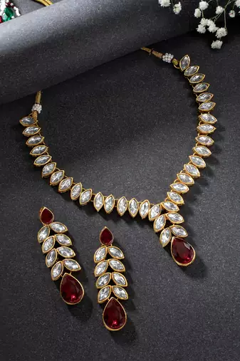 Gold plated maroon crystal studded long necklace earrings jewelry set