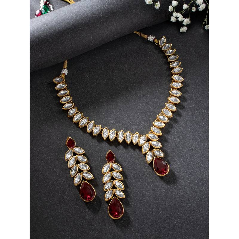 Gold plated maroon crystal studded long necklace earrings jewelry set
