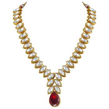 Gold plated maroon crystal studded long necklace earrings jewelry set 3