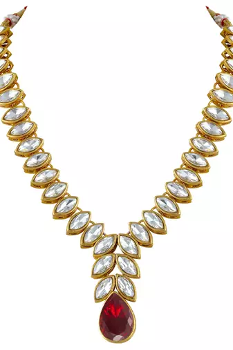 Gold plated maroon crystal studded long necklace earrings jewelry set