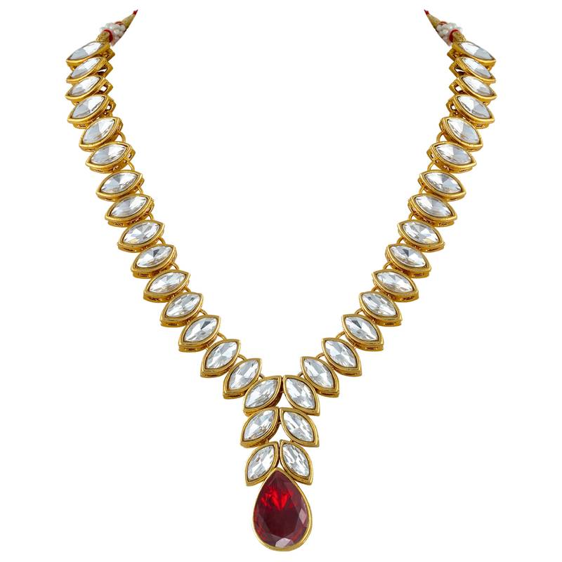 Gold plated maroon crystal studded long necklace earrings jewelry set