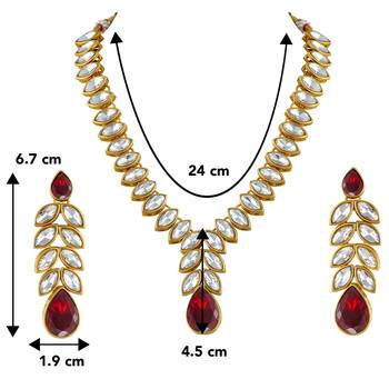 Gold plated maroon crystal studded long necklace earrings jewelry set 4