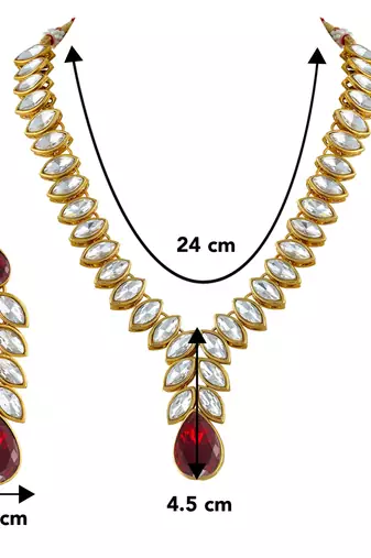 Gold plated maroon crystal studded long necklace earrings jewelry set