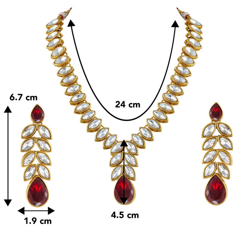 Gold plated maroon crystal studded long necklace earrings jewelry set