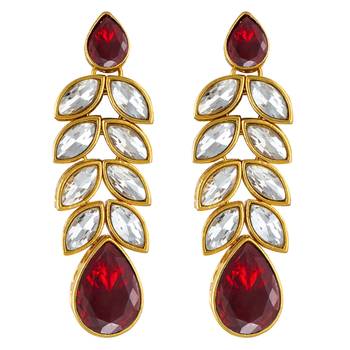 Gold plated maroon crystal studded long necklace earrings jewelry set 5