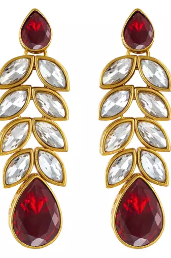Gold plated maroon crystal studded long necklace earrings jewelry set