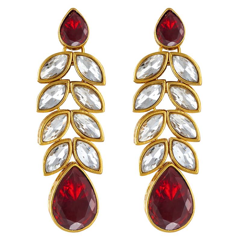 Gold plated maroon crystal studded long necklace earrings jewelry set