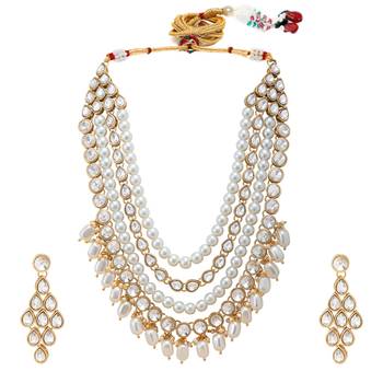 Women's white kundan long necklace earring indian bharatanatyam jewelry set 1