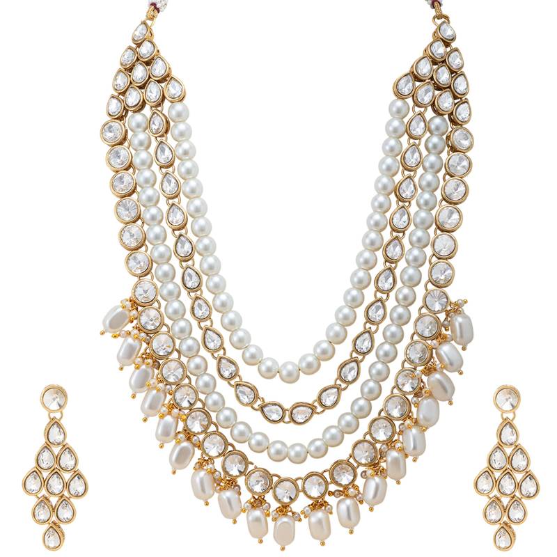 Women's white kundan long necklace earring indian bharatanatyam jewelry set