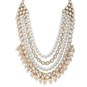 Women's white kundan long necklace earring indian bharatanatyam jewelry set 3
