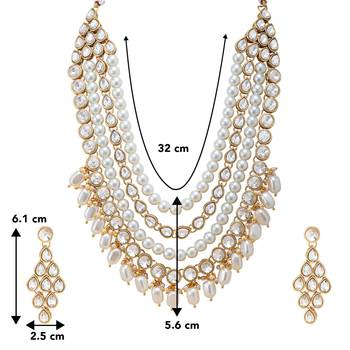 Women's white kundan long necklace earring indian bharatanatyam jewelry set 4