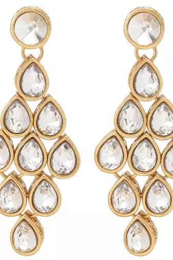 Women's white kundan long necklace earring indian bharatanatyam jewelry set