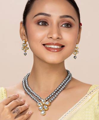 Grey beads kundan layered long necklace & drop earring bharatanatyam 1