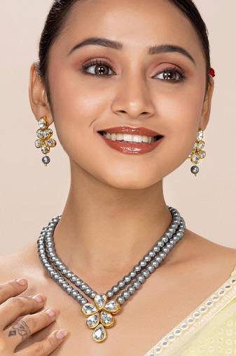 Grey beads kundan layered long necklace & drop earring bharatanatyam