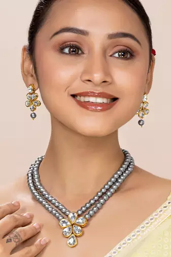 Grey beads kundan layered long necklace & drop earring bharatanatyam
