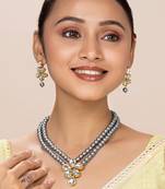 Grey beads kundan layered long necklace & drop earring bharatanatyam