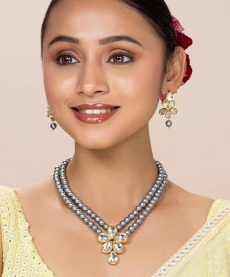 Grey beads kundan layered long necklace & drop earring bharatanatyam 2