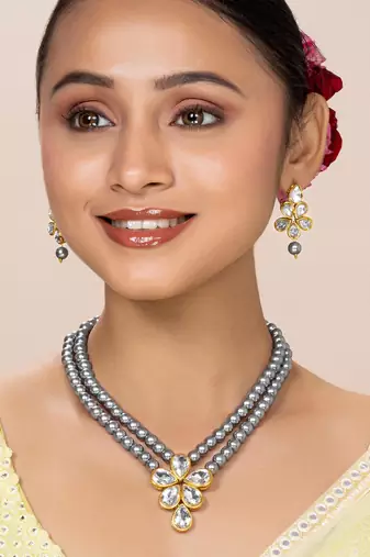 Grey beads kundan layered long necklace & drop earring bharatanatyam