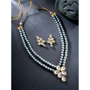 Grey beads kundan layered long necklace & drop earring bharatanatyam 3