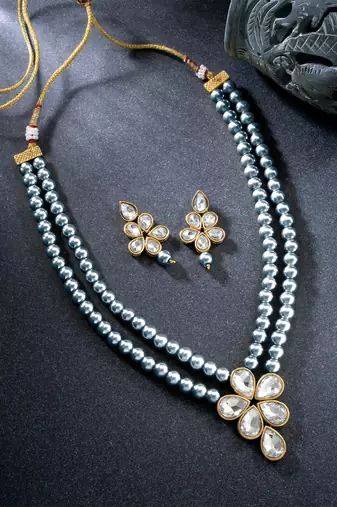 Grey beads kundan layered long necklace & drop earring bharatanatyam