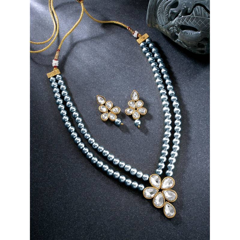 Grey beads kundan layered long necklace & drop earring bharatanatyam