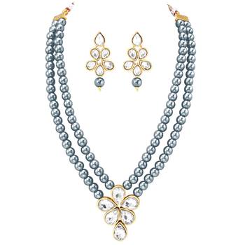 Grey beads kundan layered long necklace & drop earring bharatanatyam 5