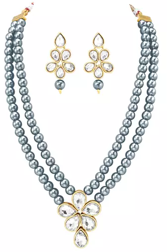 Grey beads kundan layered long necklace & drop earring bharatanatyam