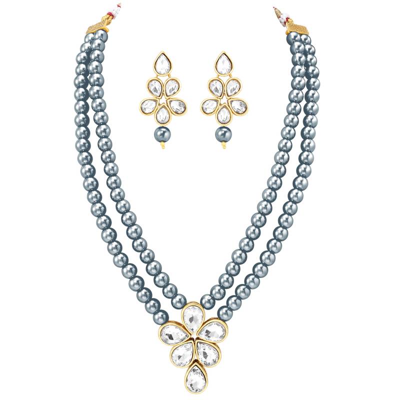 Grey beads kundan layered long necklace & drop earring bharatanatyam