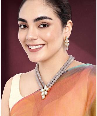 Crystal pearl long necklace with drop earrings bharatanatyam jewelry 1