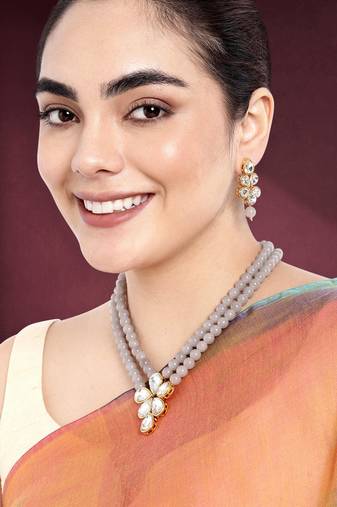 Crystal pearl long necklace with drop earrings bharatanatyam jewelry
