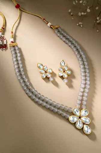Crystal pearl long necklace with drop earrings bharatanatyam jewelry