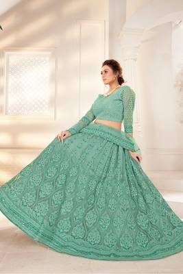 Green Embriodery And Stone Net Semi Stitched Lehenga Set 5