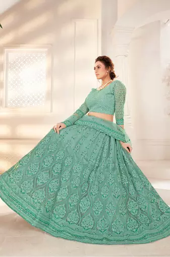 Green Embriodery And Stone Net Semi Stitched Lehenga Set