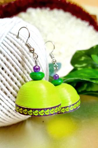Green color ethnic quilled jhumkas